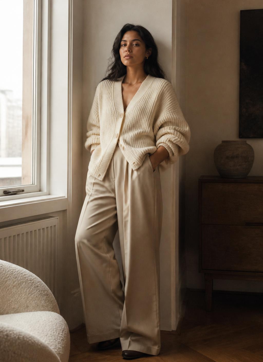 Mujer con cardigan crudo y pantalón amplio junto a una ventana