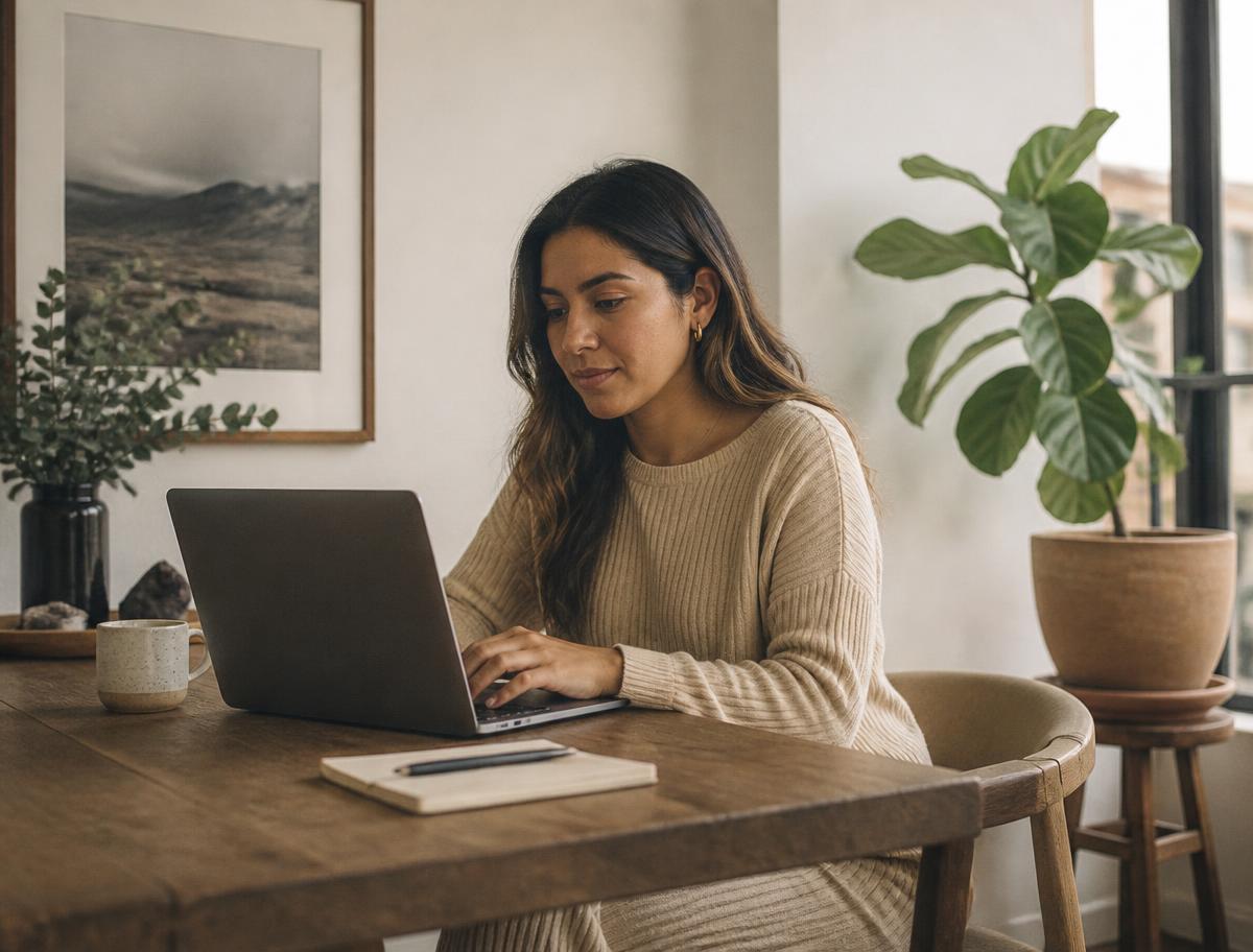 Mujer trabajando desde casa con un conjunto de punto beige